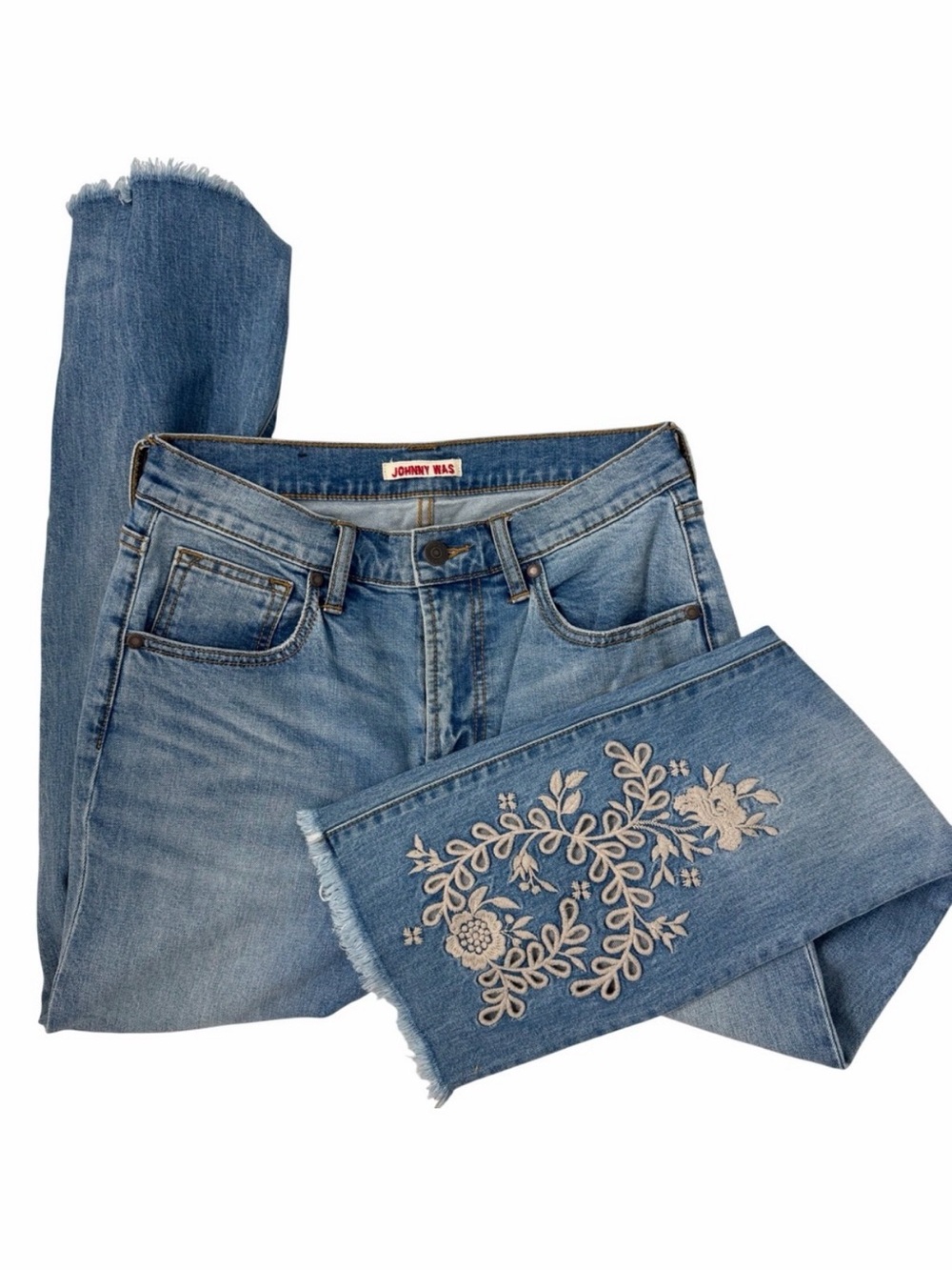 Johnny Was Blue Denim Ankle Jeans with Cream Floral Embroidery
